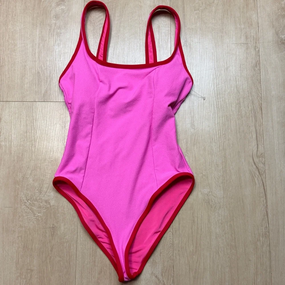 Beach Riot Caia One Piece Electric Pink Hot Swimsuit Red Trim
